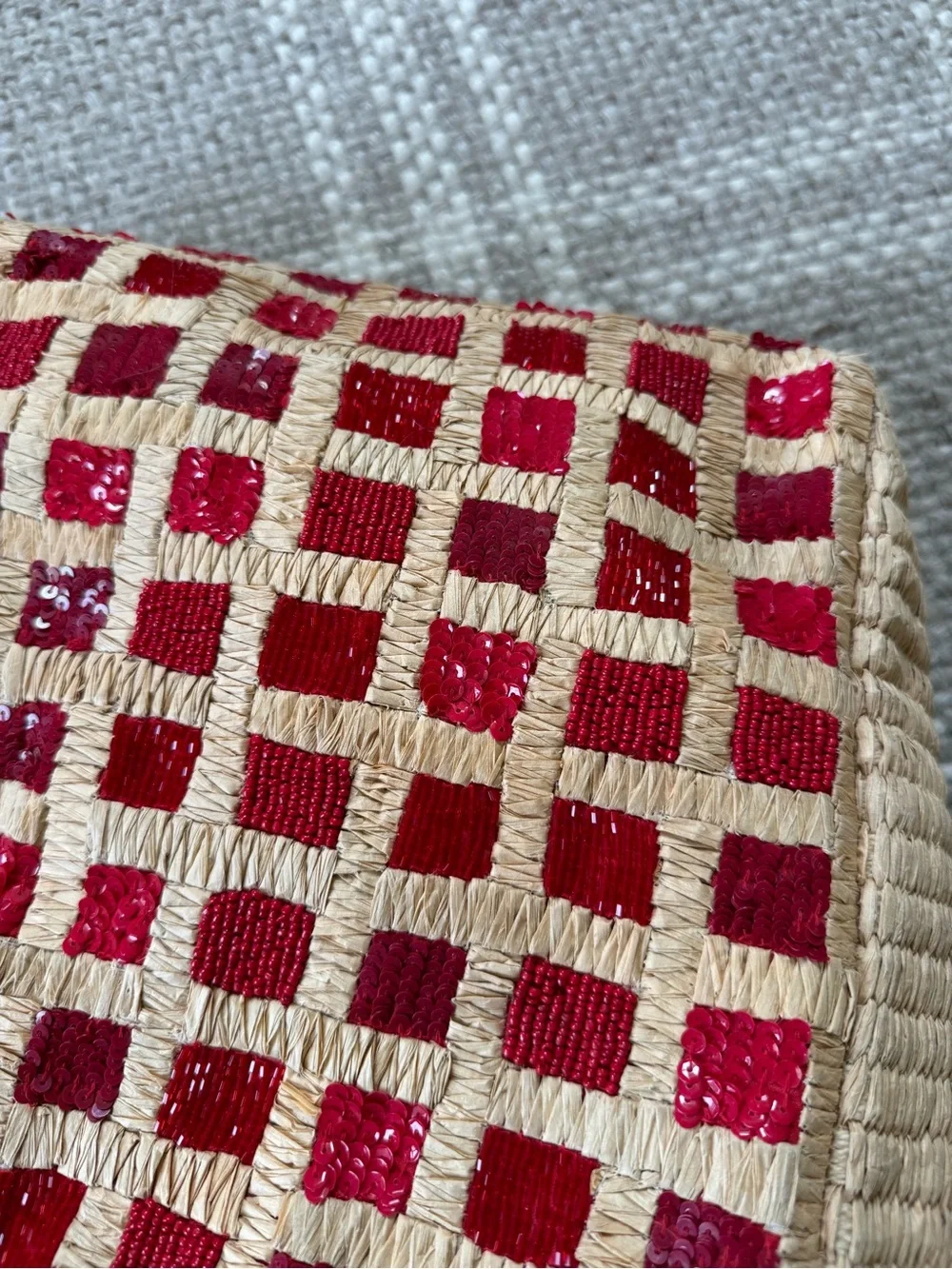 Anthropologie Sequin Raffia Tote red
